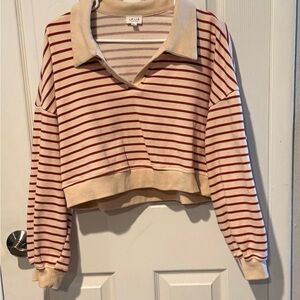 Le Lis Striped Cropped Collared Polo Sweatshirt Sz L